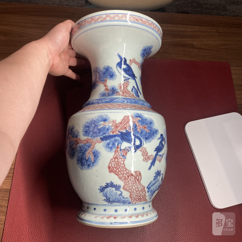 清雍正 青花釉里红报喜图盘口尊 - 图6